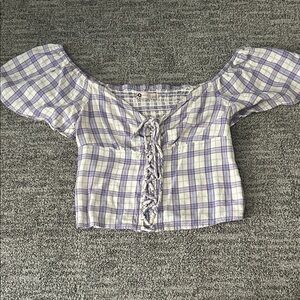 Cottagecore cropped purple gingham lace up blouse